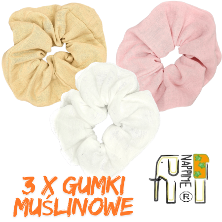 Zestaw gumek muślinowych do włosów MAXI: BIAŁA+CAMEL+PUDROWY RÓŻ, 3 szt., NappiMe